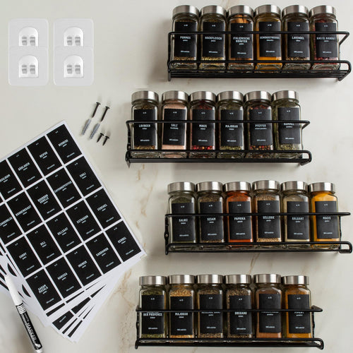 Deco haus Gewürzregal Wand ohne Bohren, 4er Set mit 24 Gewürzgläsern, schwarz