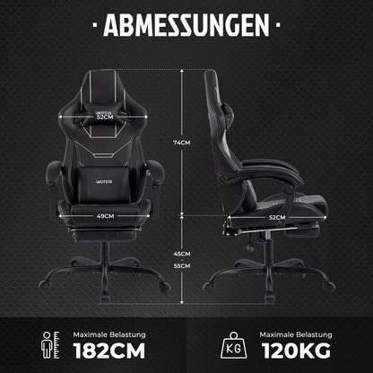 WOTSTA Gaming Stuhl ergonomisch mit Fussstütze, schwarz