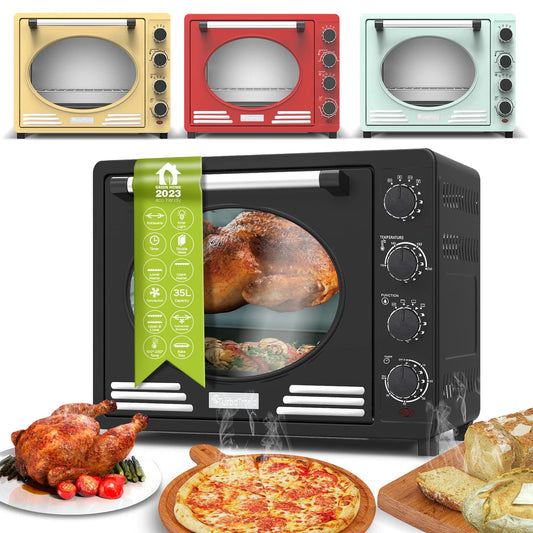 Turbotronic Retro Umluft Minibackofen 35L - Schwarz. Schwarzer Umluft-Minibackofen zum Backen, Braten, Grillen.