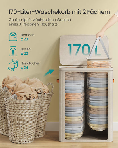 SONGMICS Wäschekorb LCB813L01, 170 L Wäschesortierer mit 2 Fächern