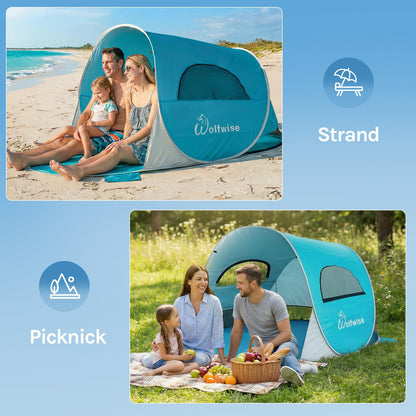 WolfWise Strandmuschel Pop-Up Zelt mit UV-Schutz 50+, 3-4 Personen