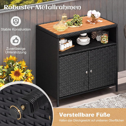 COSTWAY Gartenschrank Rattan mit Akazienholz-Arbeitsplatte, Schwarz
