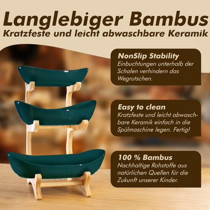 VANEJA Etagere 3-stöckig, Keramik Dunkelgrün mit Bambusständer