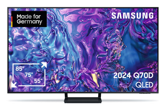 Samsung QLED 4K Q70D Smart TV 65 Zoll (GQ65Q70D), schlanker, schwarzer 65-Zoll-Bildschirm. Zeigt 4K QLED Inhalte.