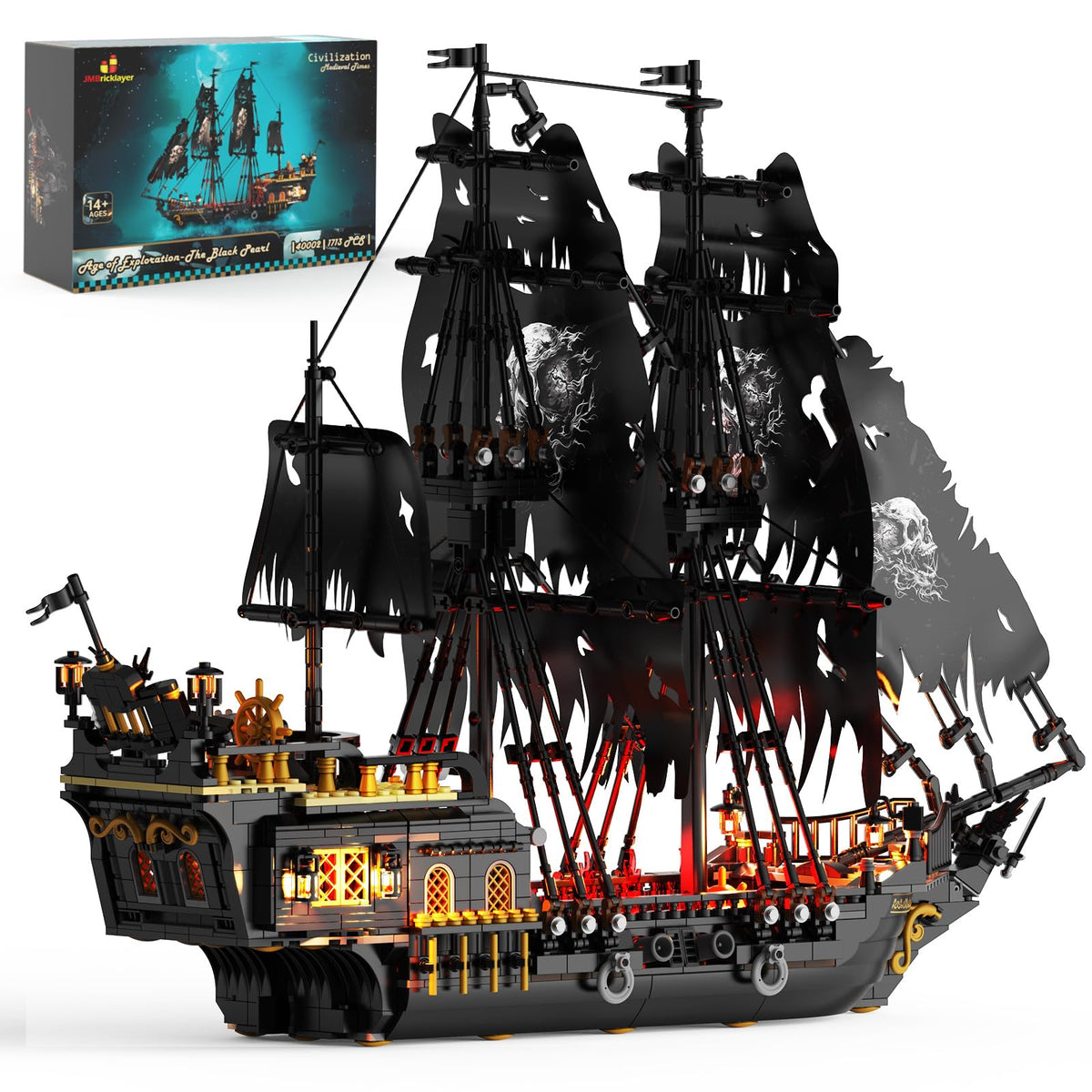 JMBricklayer Piratenschiff Klemmbausteine 40002 mit LED, 1713 Teile – dunkler Rumpf mit Segeln