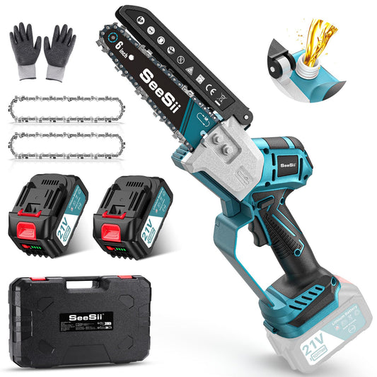 SEESII Bürstenlose Mini Akku Kettensäge 6 Zoll – Makita Kompatibel, kompaktes, schwarzes Handgerät mit 6-Zoll-Sägeschiene, zum Baumschnitt.
