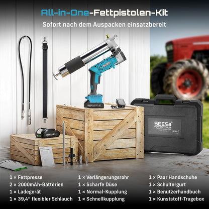 Seesii Akku Fettpresse 2-in-1 Set, 12000 PSI, 2 Akkus 2,0 Ah