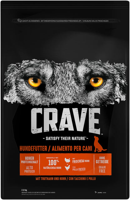 Crave Adult Trockenfutter Hund Truthahn & Huhn Getreidefrei 3x2,8kg