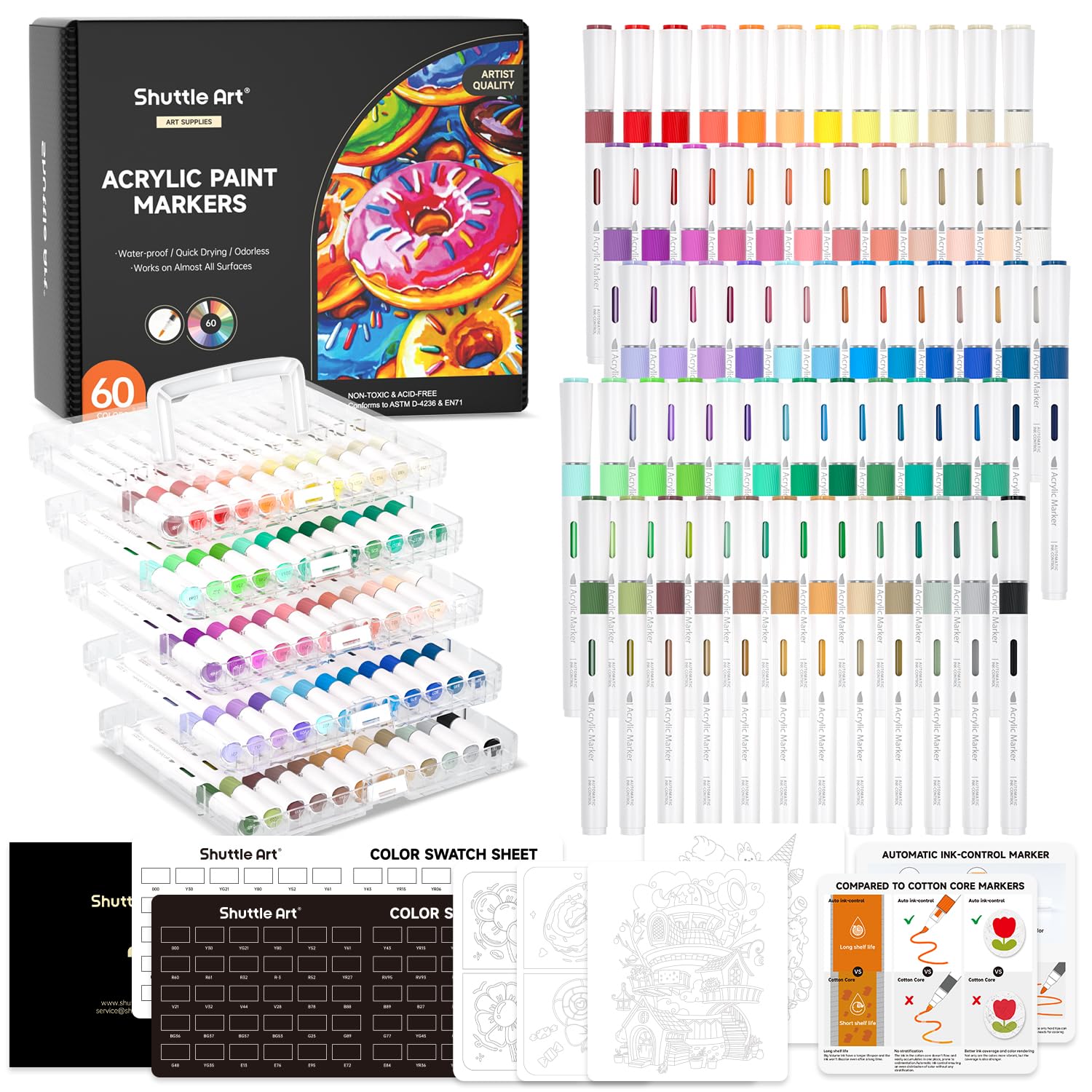 Shuttle Art Acrylstifte Set, 60 Farben, wasserfest, Pinselspitze für Steine, Holz und Glas