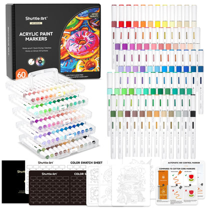 Shuttle Art Acrylstifte Set, 60 Farben, wasserfest, Pinselspitze für Steine, Holz und Glas