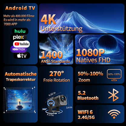 Smart 4K Mini Beamer tragbarer Android Projektor – Schwarz