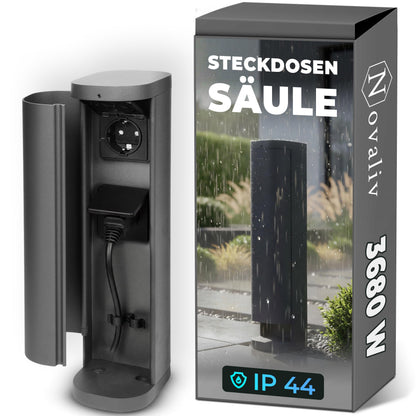 Novatool Steckdosenturm 2-fach aussen IP44 Edelstahl Anthrazit, runde Säule mit Klappdeckeln