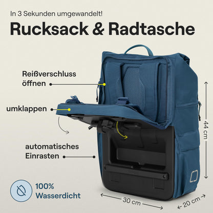 otinga Flip V3 Fahrradtasche Rucksack 34L wasserdicht für Gepäckträger