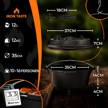 IRON TASTE Dutch Oven Set 12L gusseiserner Feuertopf mit Deckelheber