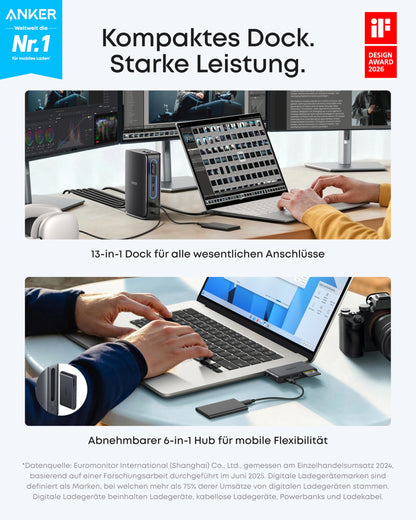 Anker Nano Dockingstation 13-in-1, USB-C Hub, Triple-Display, 100W PD