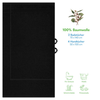 Hammetex Handtuch Set 6-teilig, 100% Baumwolle Frottier, Schwarz
