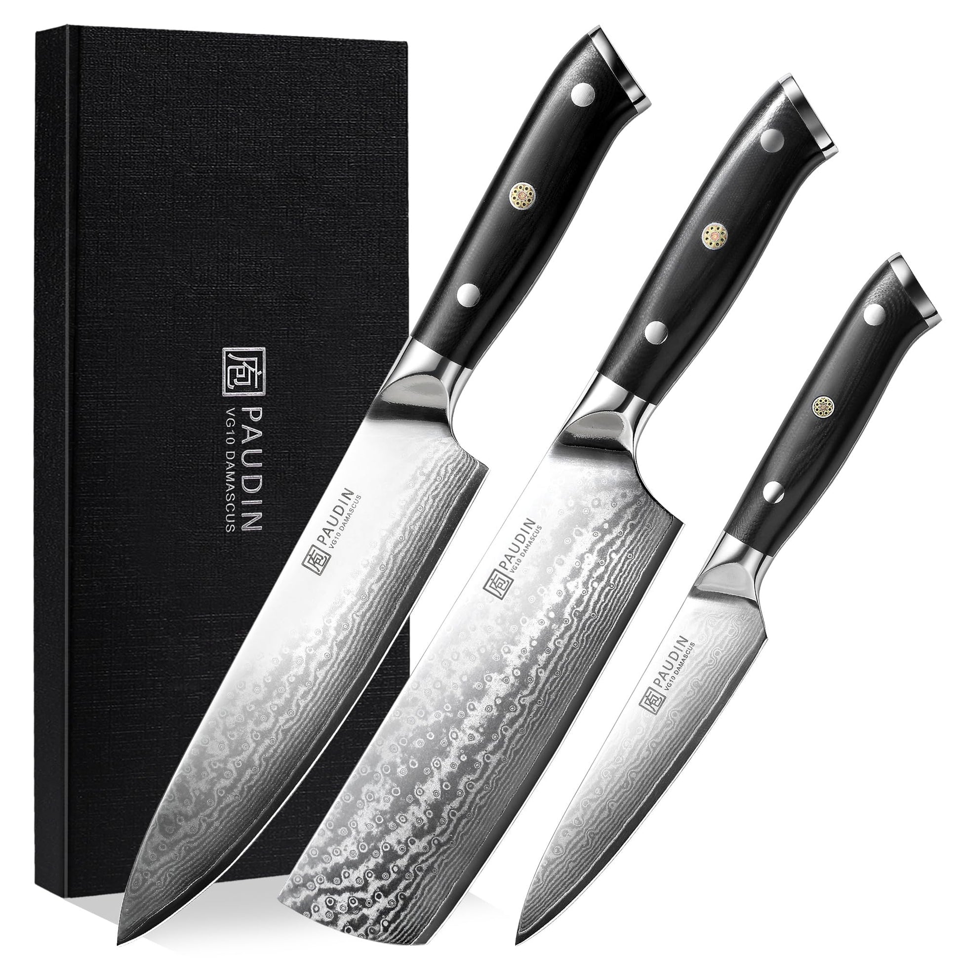 PAUDIN Damastmesser Set Küchenmesser – 3-teilig VG10 Damaststahl: Drei Messer mit VG10 Damaststahlklingen und dunklen Griffen. Für präzises Schneiden.