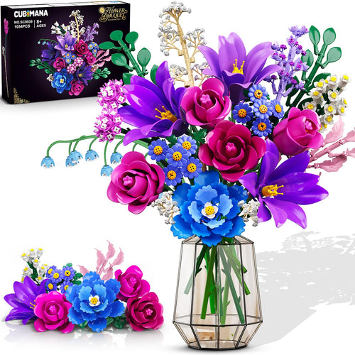 CUBIMANA Blumenstrauss Klemmbausteine mit LED-Licht, 21 Blumen, lila – Kunstblumen-Arrangement als Raumdeko