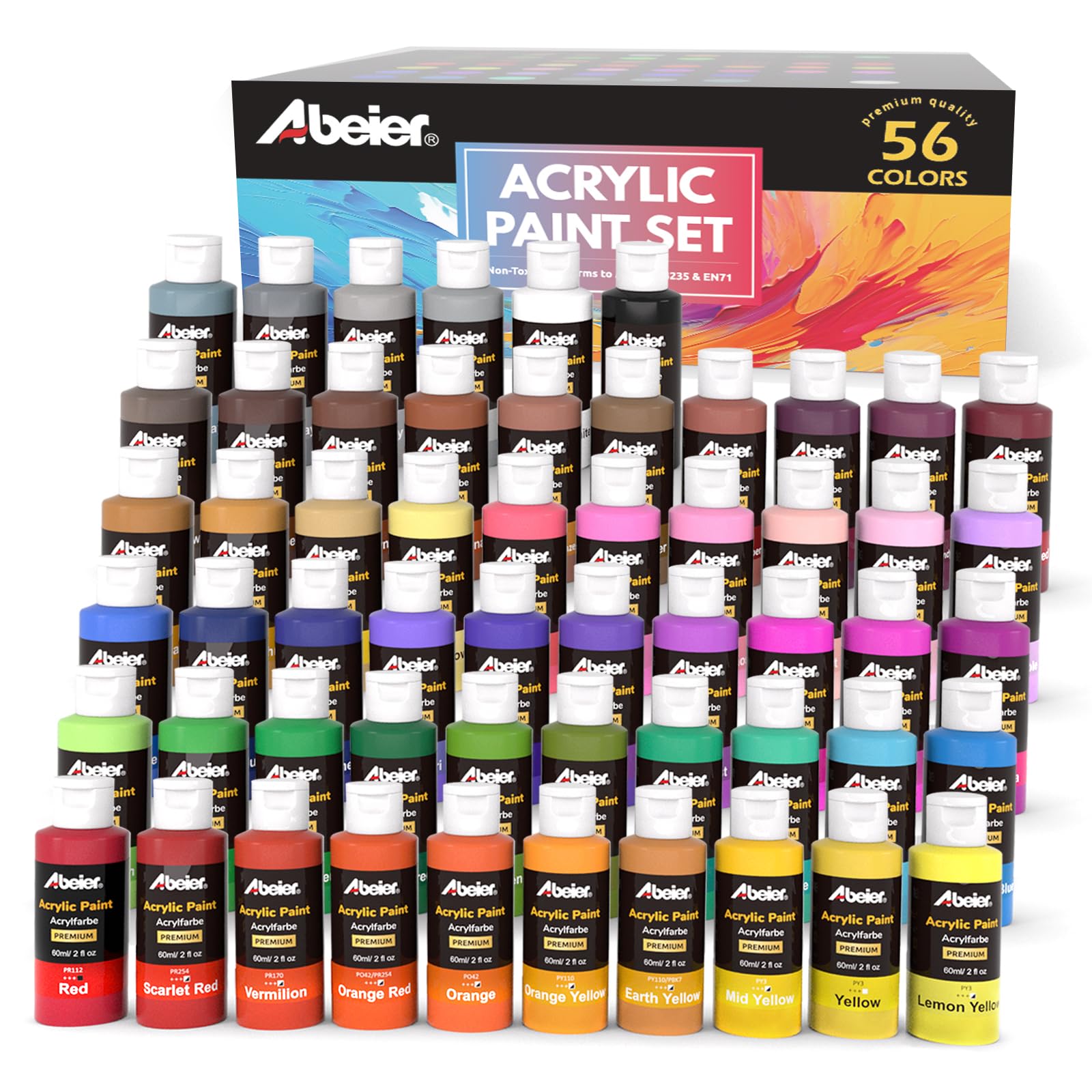 ABEIER Acrylfarben Set, 56 Farben à 60 ml, ungiftig, wasserfest – Acrylfarbe in 56 Flaschen
