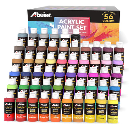 ABEIER Acrylfarben Set, 56 Farben à 60 ml, ungiftig, wasserfest – Acrylfarbe in 56 Flaschen