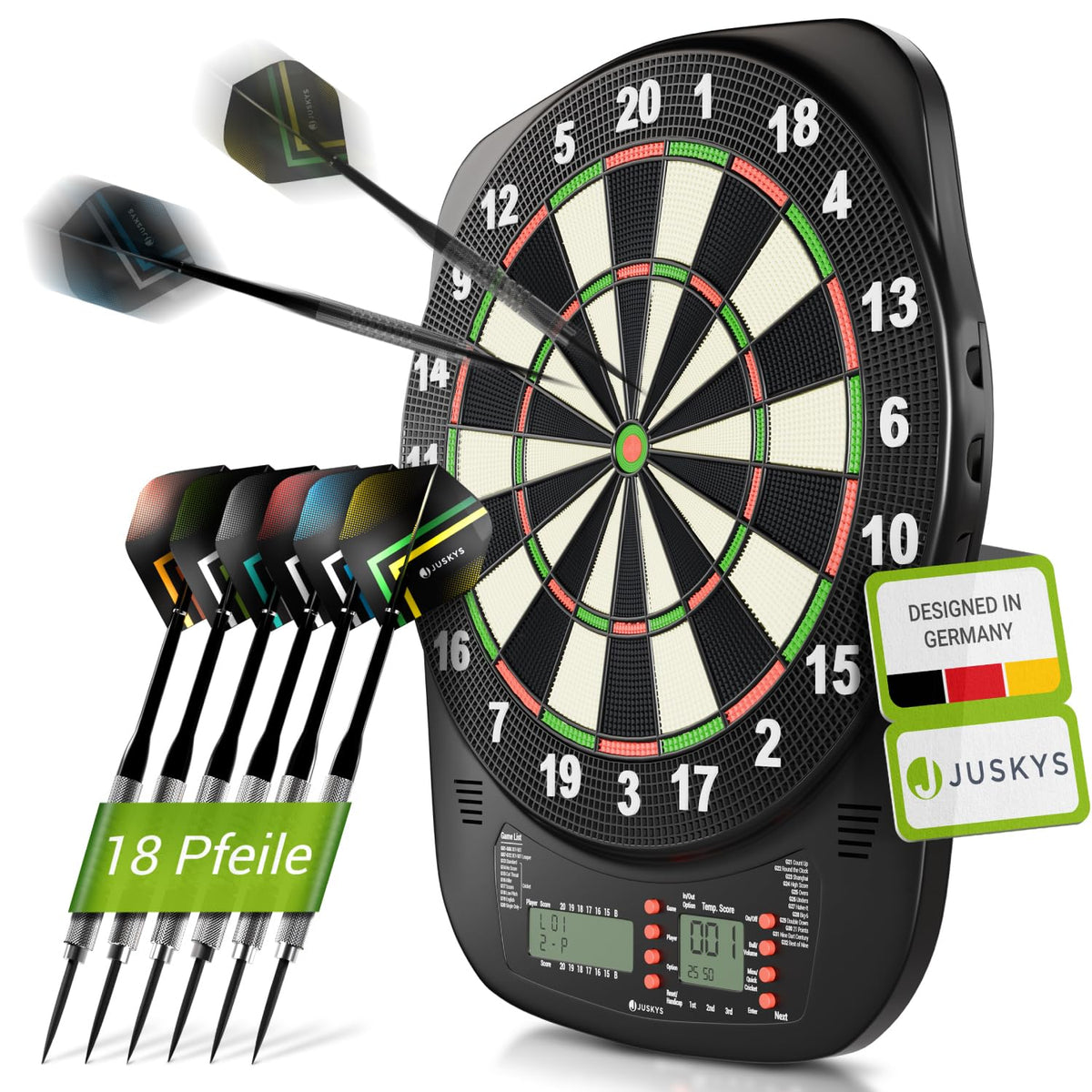 Juskys Elektronische Dartscheibe mit LCD-Display und 32 Spielen, rund, PP-Gehäuse