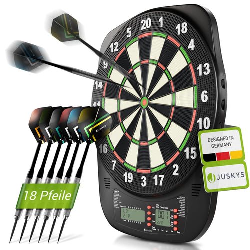 Juskys Elektronische Dartscheibe mit LCD-Display und 32 Spielen, rund, PP-Gehäuse