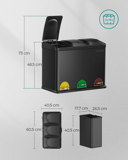 SONGMICS Treteimer LTB45B, Mülltrennsystem 3 Fächer, 45 Liter, schwarz