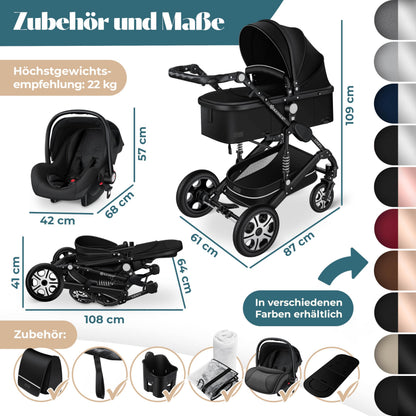 KESSER Loops 4-in-1 Kombikinderwagen mit Babyschale, Schwarz