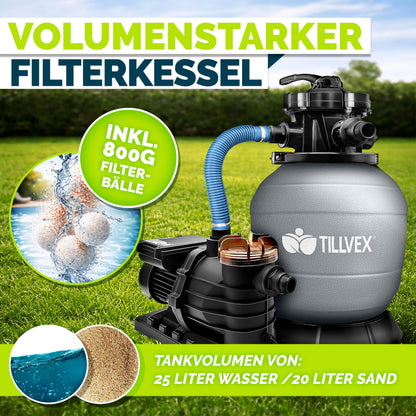 tillvex Sandfilteranlage Pool 10 m³/h mit 7-Wege-Ventil, Grau