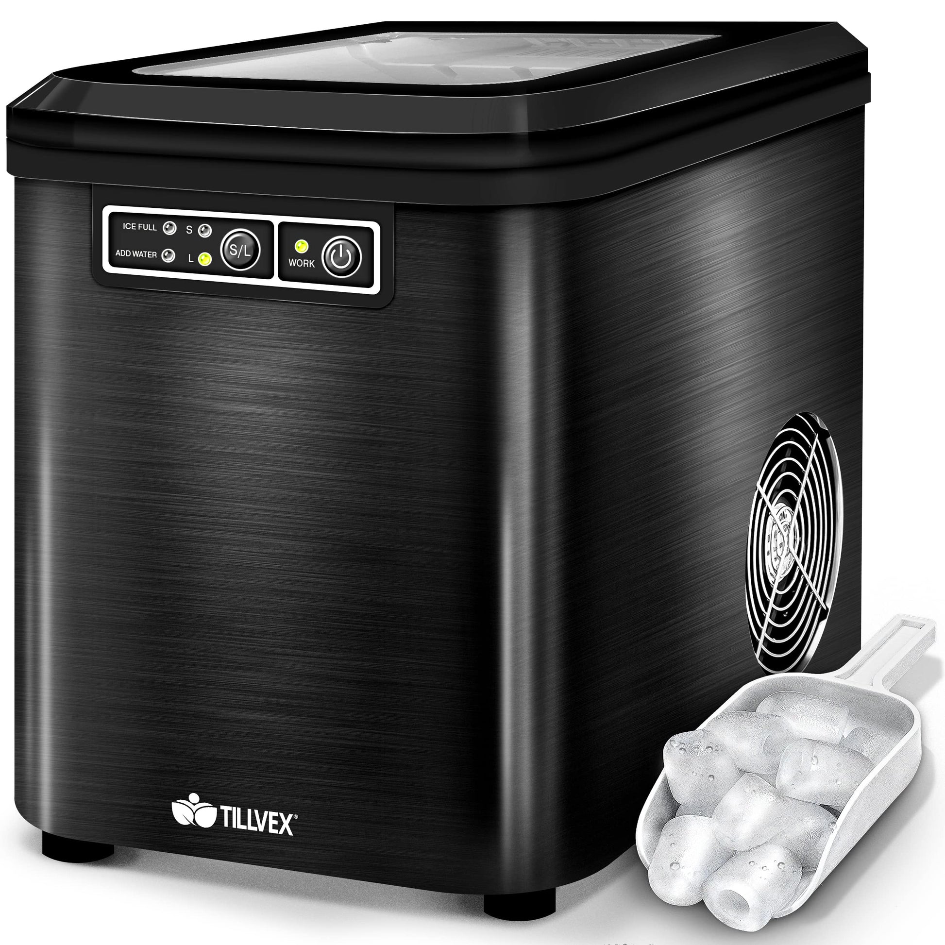 tillvex Eiswürfelmaschine Eiswürfelbereiter - Schwarz, kompaktes schwarzes Gerät, produziert Eiswürfel für Kaltgetränke und Kühlung.