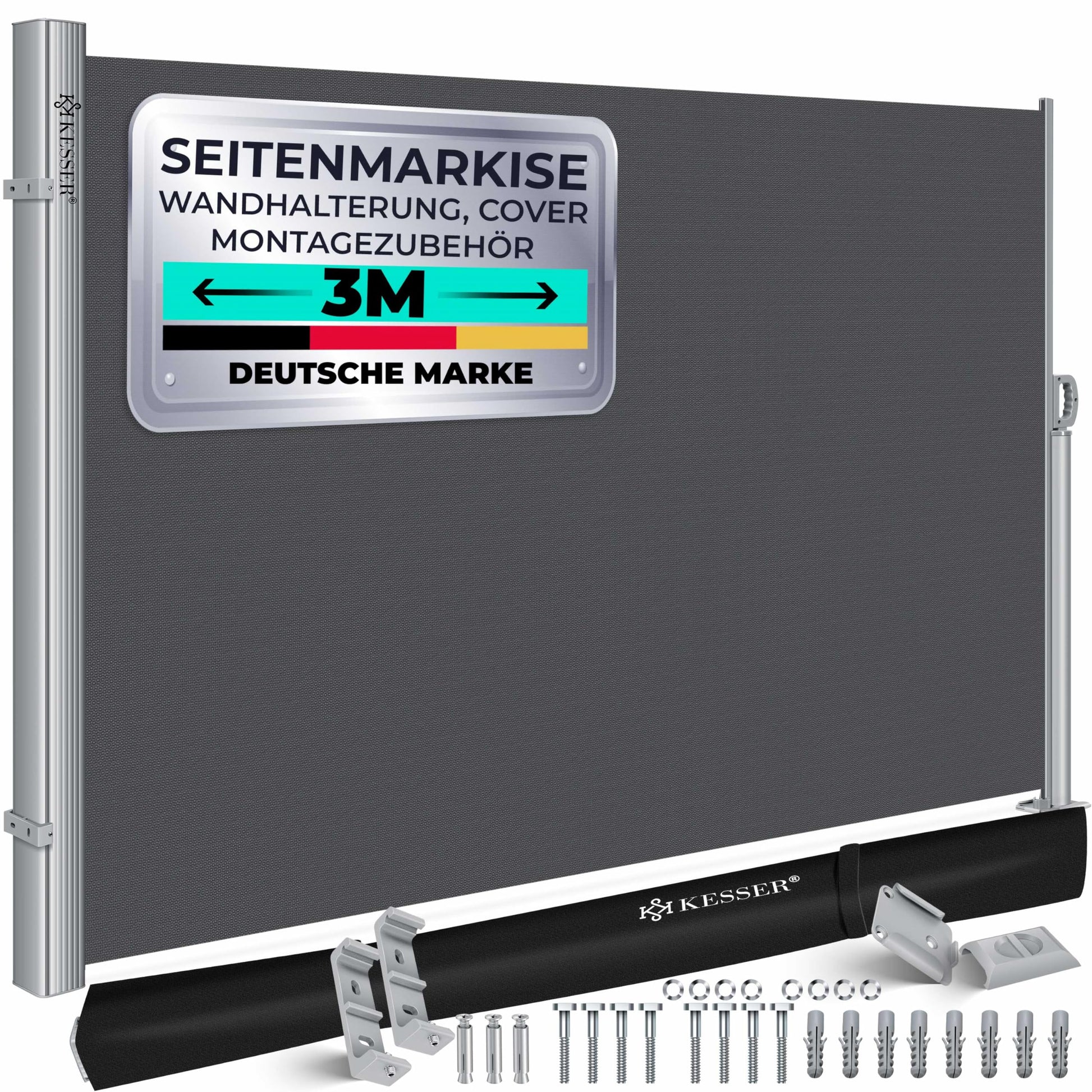 KESSER Alu-Seitenmarkise ausziehbarer Sichtschutz: Dunkelgraue 300x200cm Alu-Seitenmarkise. Bietet Sicht-, Sonnen- und Windschutz für Terrasse/Balkon.