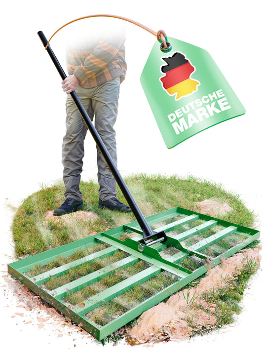 SMABIX Rasen Rakel Nivellierrechen, 75x35cm Metallplatte mit 2m Stiel. Ebnet Rasenflächen und verteilt Sand oder Substrate.