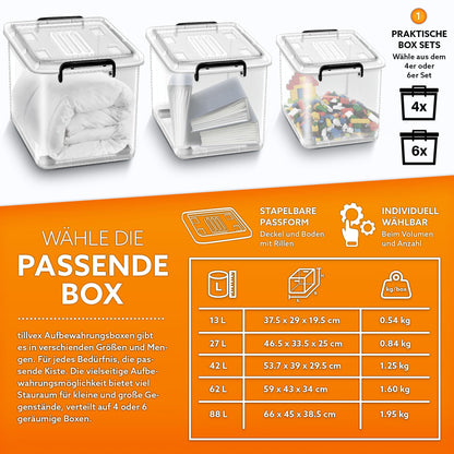 tillvex Aufbewahrungsboxen Set mit Deckel – 4er, 62L, lebensmittelecht