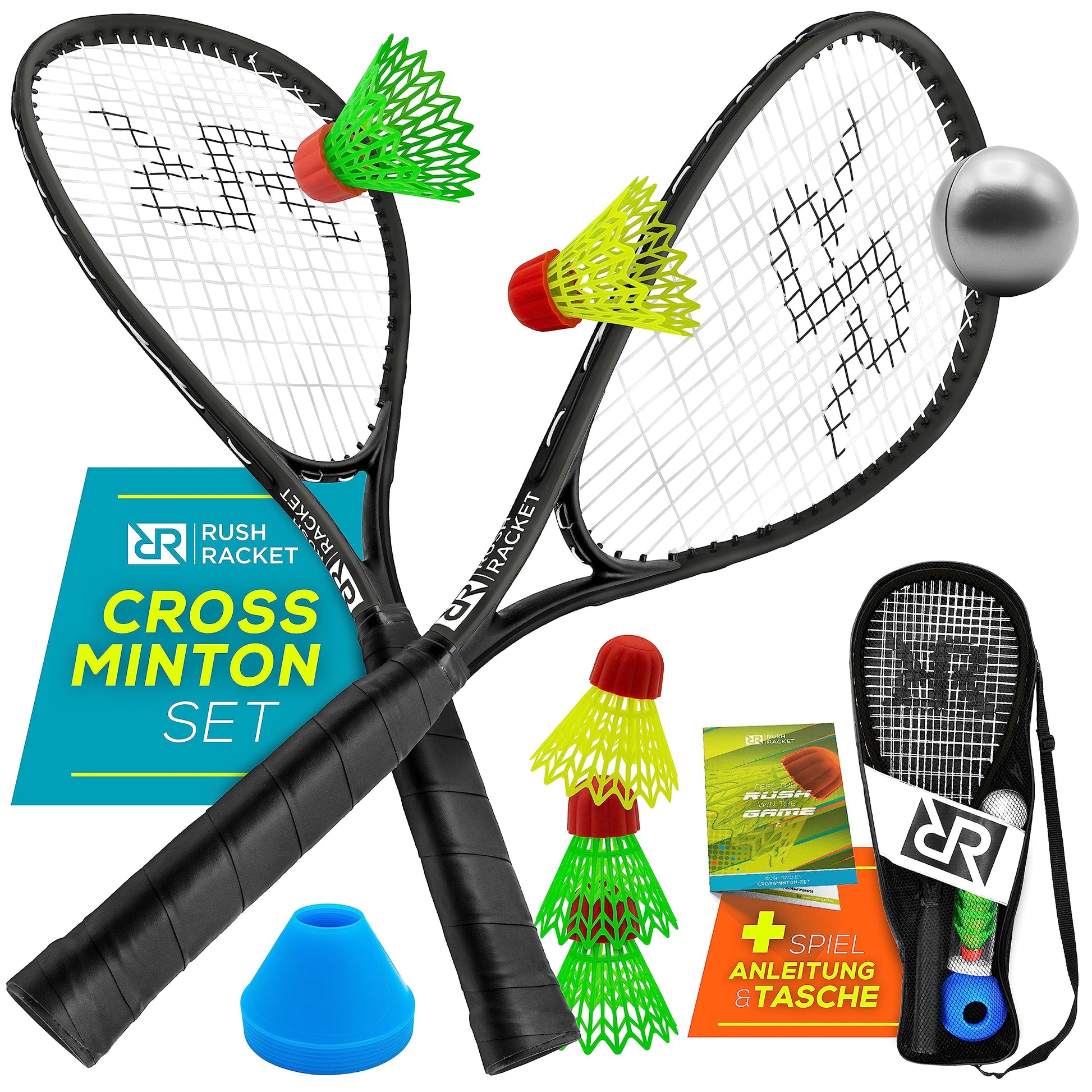 Rush Racket RS3 Speed Badminton Set 5-teilig mit Tragetasche – Set in Schwarz mit zwei Aluminium-Schlägern