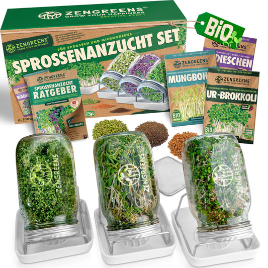 zengreens® Bio Sprossen Anzuchtset Sprossenglas – 1er Set: Glasgefäß mit Siebdeckel und Ständer zur Anzucht von Sprossen.