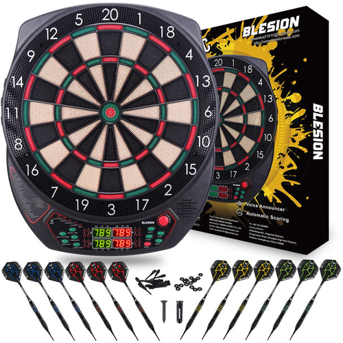 SwissDart Elektronische Dartscheibe E-Dartboard – Set 12 Pfeile. Rund, schwarz, farbig segmentiert. Für elektronisches Dartspiel mit autom. Punkteerfassung.