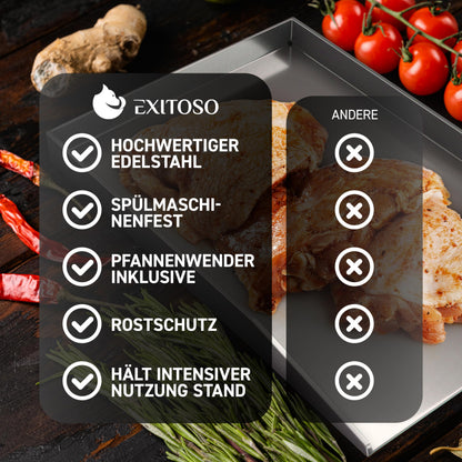 Exitoso Grillplatte Plancha Edelstahl 30 x 40 cm mit Grillspachtel