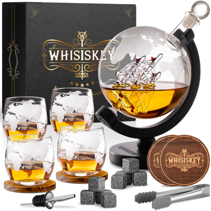 WHISISKEY Whisky Karaffe Set Explorer 4 mit Globus-Dekanter 900 ml, 4 Gläsern und Whisky-Steinen