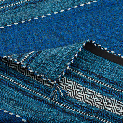 Navarro Natur Teppich aus Baumwolle im Kelim-Stil - Blau