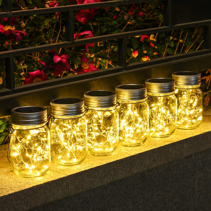 Solpex Solarlaterne Einmachglas mit 180 LED Lichterkette, 6er-Set, hängende Glaslaterne für Garten und Balkon