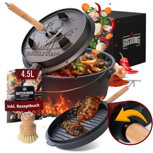 GUSSKÖNIG Dutch Oven 4.5L Gusseisen Feuertopf: Eingebrannter Gusseisentopf mit Deckel und Füßen. Zum Kochen und Schmoren über Feuer.
