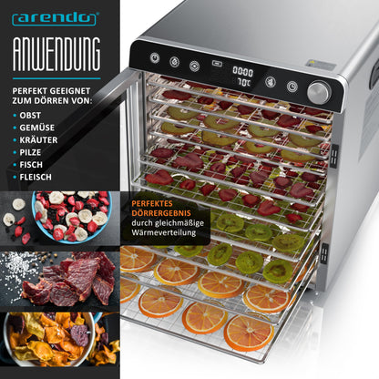 Arendo Dörrautomat Edelstahl - 10 Edelstahlgitter 8400 cm² Dörrgerät