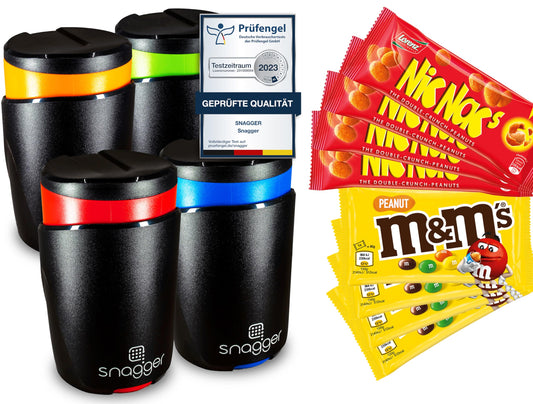 snagger Snackspender Viererpack – Saubere Hände beim Snacken. Zylindrische Spender für hygienische Snack-Entnahme. 