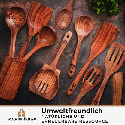 Woodenhouse Kochbesteck Set 12-teilig aus Teakholz mit Halter