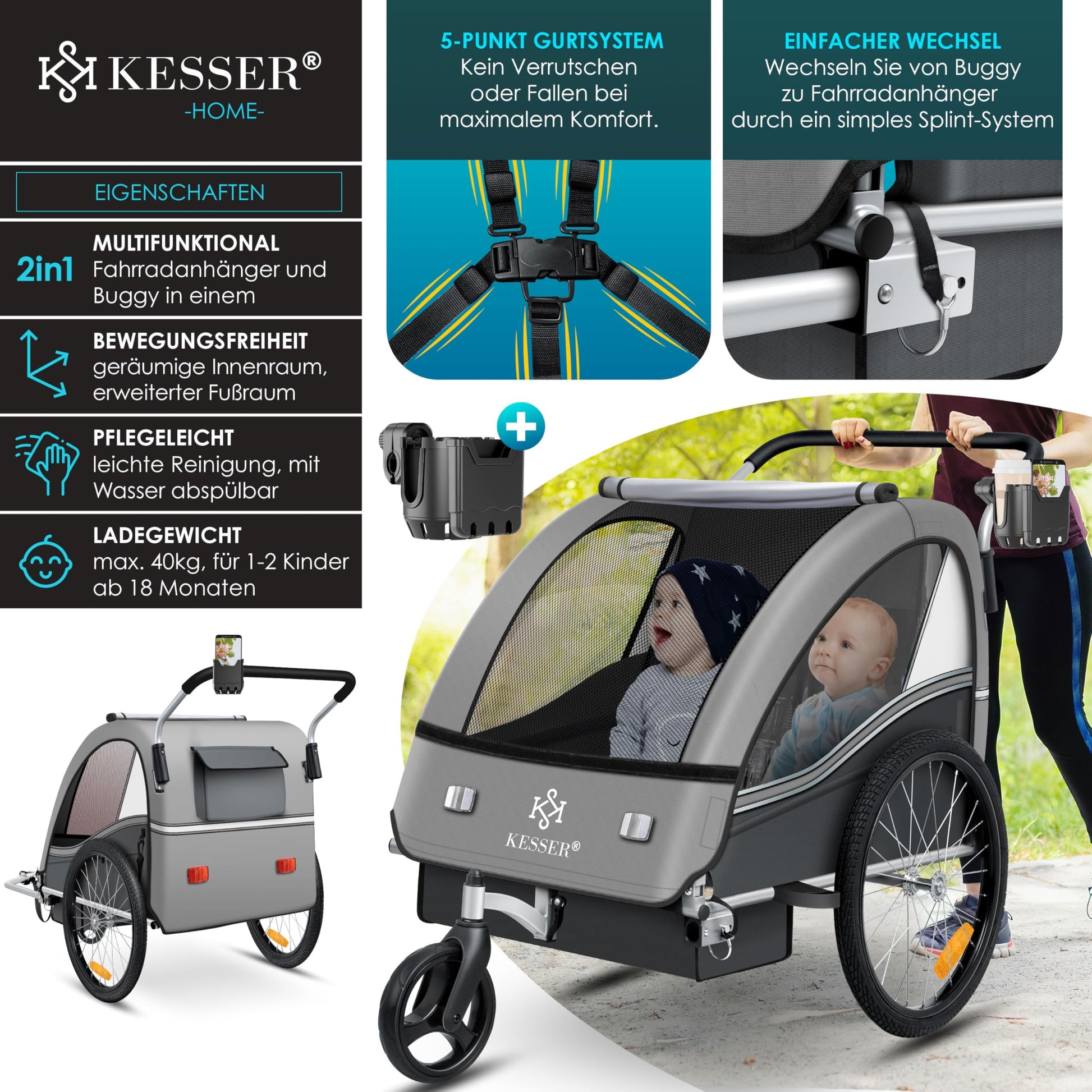 2-in-1 Kinderanhänger Velo & Jogger – Sicher & Komfortabel –