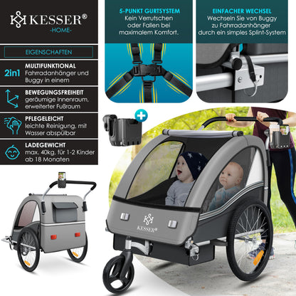 KESSER® Sport-RX 2in1 Kinderfahrradanhänger – 1-2 Kinder
