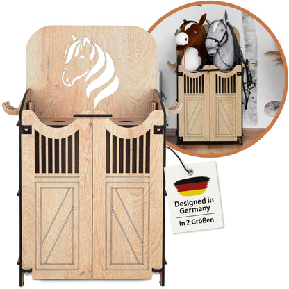 Hoofly® Hobby Horse Stall für 2 Pferde: Hölzerner Stecksystem-Pferdestall. Bietet Unterstand zum Abstellen und Aufbewahren von Steckenpferden.