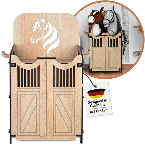 Hoofly® Hobby Horse Stall für 2 Pferde: Hölzerner Stecksystem-Pferdestall. Bietet Unterstand zum Abstellen und Aufbewahren von Steckenpferden.