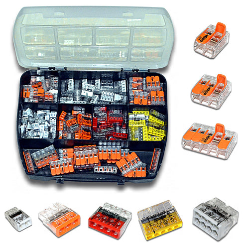 WAGO Verbindungsklemmen Set, 150 Stück, Serie 221 + 2273, Kunststoffbox mit acht Fächern, transparenter Deckel