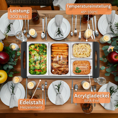 Steinborg Buffetwärmer Speisewärmer mit 4 Edelstahlbehältern 300 Watt